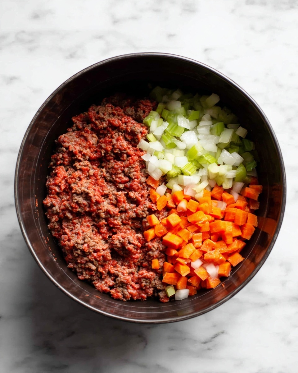 A dark bowl sits on a white marbled surface, first showing raw ground red meat with a coarse texture filling the bowl. In the next scene, the meat looks cooked to a dull brown at the bottom, topped with three sections of diced vegetables: pale white onions, light green celery, and small bright orange carrots, arranged in clusters that create a colorful contrast on top of the meat. photo taken with an iphone --ar 4:5 --v 7