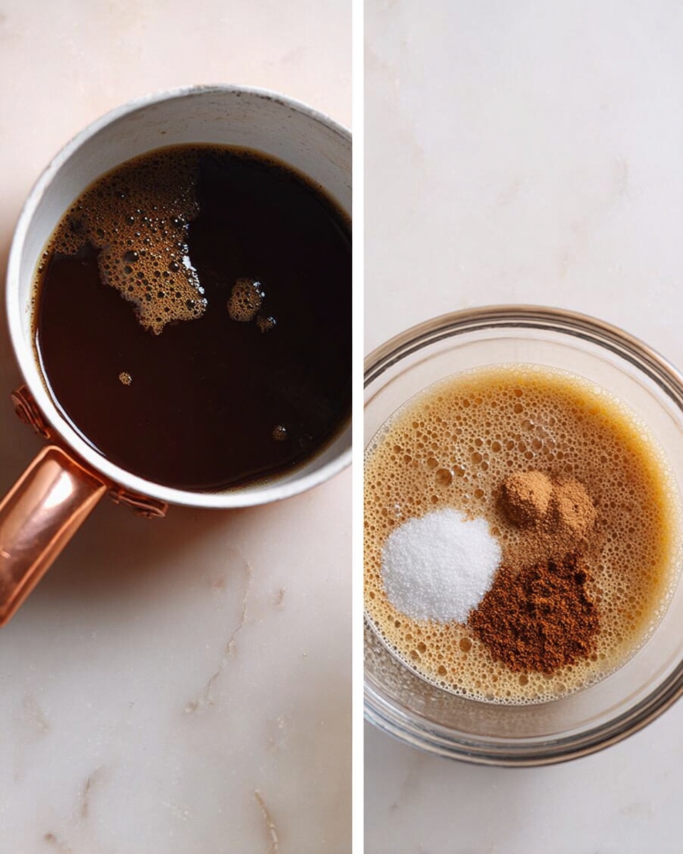 The image shows two side-by-side photos. On the left, there is a small saucepan with a copper-colored handle on a white marbled surface, filled with dark brown liquid and some loose coffee granules floating on top. On the right, a clear glass bowl sits on the same white marbled surface, containing a bubbly, light brown liquid with three piles of dry ingredients on top: white granulated sugar, light brown sugar, and a slightly darker brown powder. The textures are smooth and granular, highlighting the mixing step in a recipe. photo taken with an iphone --ar 4:5 --v 7