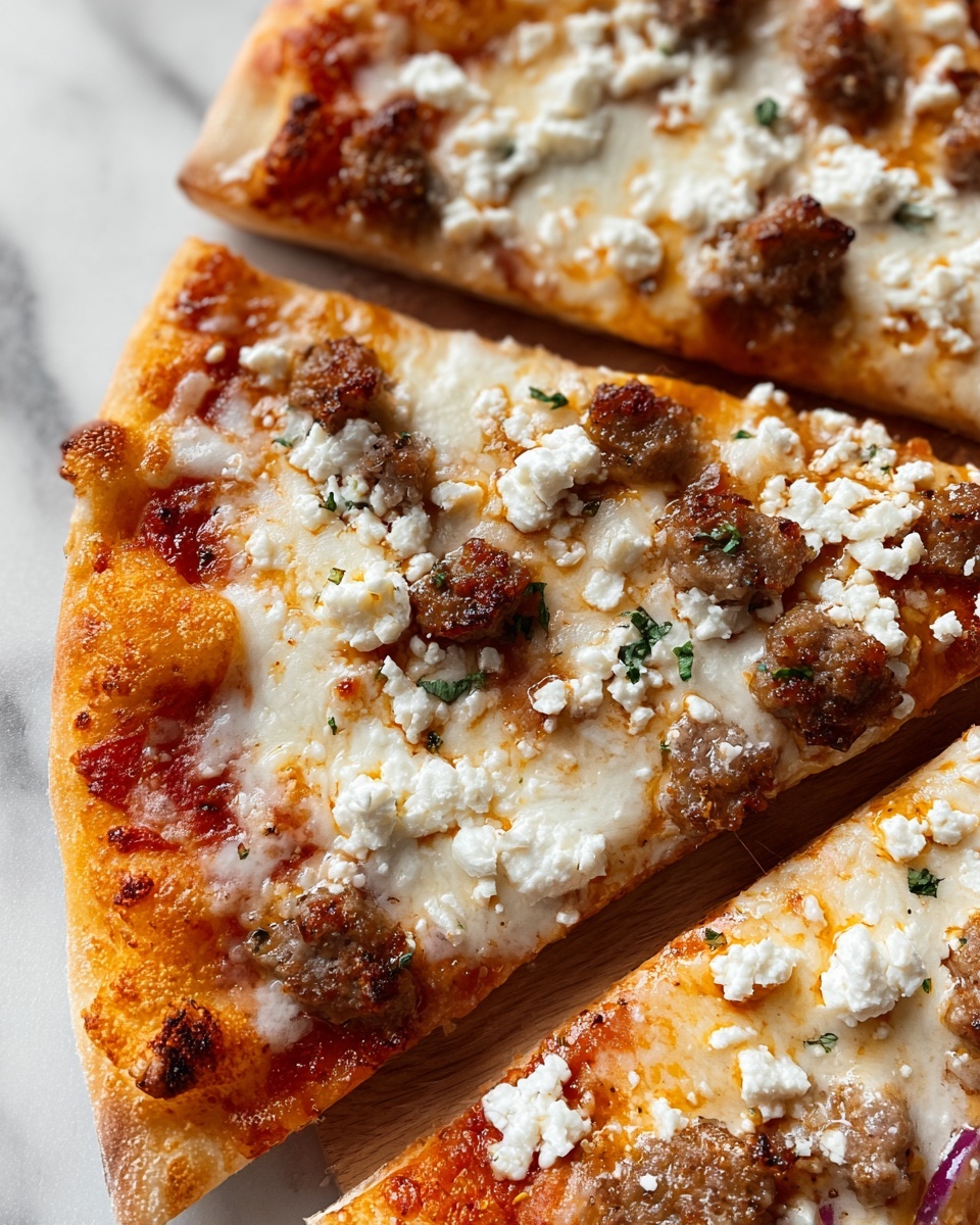 A close-up view of a pizza with six slices showing a golden-brown crust with a slightly puffy edge. The pizza is topped with a layer of melted yellow cheese spread evenly, brown cooked meat scattered across, and white crumbled cheese spread in small clusters on top. The pizza is placed on a white parchment paper over a white marbled surface. Photo taken with an iphone --ar 4:5 --v 7