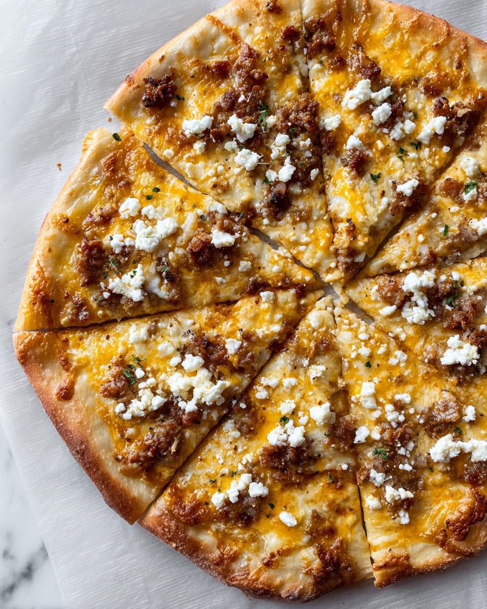 The image shows close-up of three slices of pizza with a thin crust that has a light golden brown edge and some crisp spots. The first layer is a thin spread of red tomato sauce, followed by melted white mozzarella cheese that covers the whole pizza. On top, there are browned small sausage pieces scattered evenly across the slices, along with white crumbles of soft cheese sprinkled on top. Small bits of green herbs are visible between the cheese and sausage. The pizza sits on a white marbled surface. Photo taken with an iphone --ar 4:5 --v 7