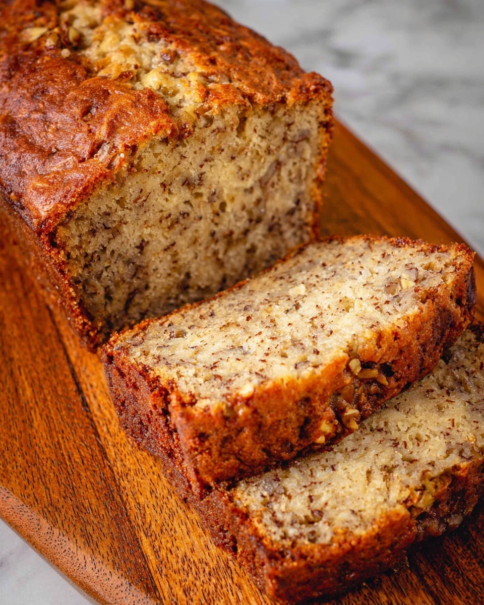 The image shows a loaf of banana nut bread with a golden brown crust, resting on a wooden board that contrasts with the white marbled texture underneath. Two thick slices are cut from the loaf and lie flat in front, revealing a moist, dense interior that is light beige with darker brown specks and pieces of chopped nuts throughout. The texture looks soft and crumbly with small cracks and an uneven surface on the crust. The close-up view highlights the mix of smooth and grainy textures inside the bread photo taken with an iphone --ar 4:5 --v 7