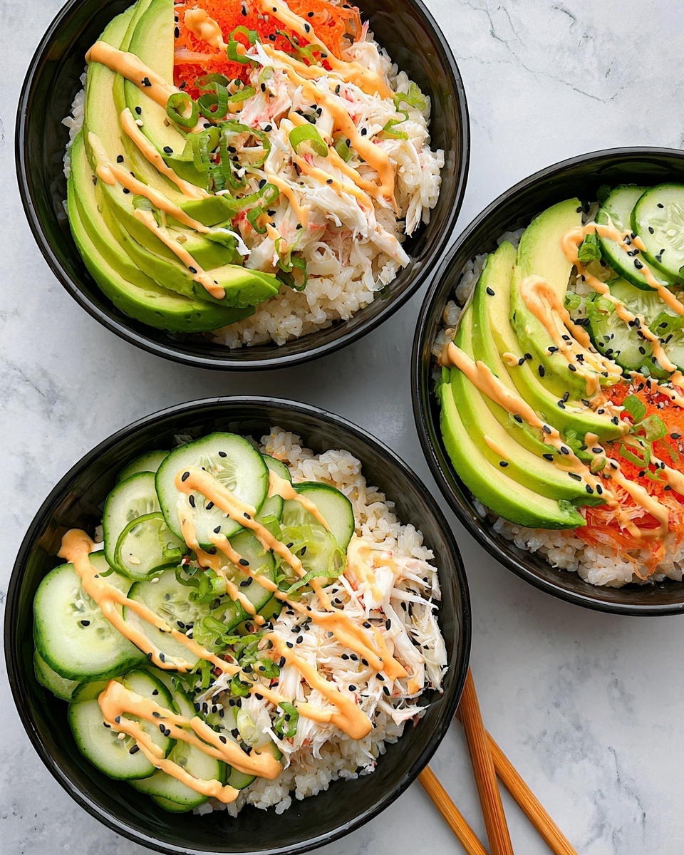 Three black bowls filled with layers of food sit on a white marbled surface. Each bowl has a base layer of light beige rice, topped on one side with bright green avocado slices arranged neatly, on the other side with thin round cucumber slices. In the middle, there is white and orange shredded crab meat. The bowls have a drizzle of light orange sauce on top, sprinkled with bits of green onion and black sesame seeds. One bowl has two wooden chopsticks resting on the edge. photo taken with an iphone --ar 4:5 --v 7