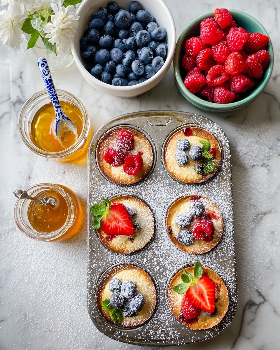 A metal muffin tray with nine light golden mini cakes, each sprinkled with white powdered sugar. The cakes have different toppings: fresh red raspberries, blueberries, and red strawberries with green leaves on top. The tray sits on a white marbled surface dusted with powdered sugar. Above the tray, there is a white bowl filled with blueberries and a green bowl filled with bright red raspberries. Between them is a jar of golden honey with a blue and white patterned spoon inside. A small white flower with green stems is near the top left corner. Photo taken with an iphone --ar 4:5 --v 7
