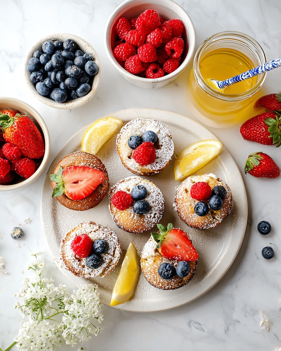 A white plate on a white marbled surface holds eight small round muffins dusted with powdered sugar. Each muffin is topped with fresh berries: red raspberries, blue blueberries, and red strawberries, with some having a thin lemon slice placed on or next to them. Around the plate, there are three bowls filled with red raspberries, blue blueberries, and red strawberries, plus a clear glass jar filled with yellow honey with a blue and white patterned spoon inside. Small white flowers are scattered on the surface near the plate. Photo taken with an iphone --ar 4:5 --v 7