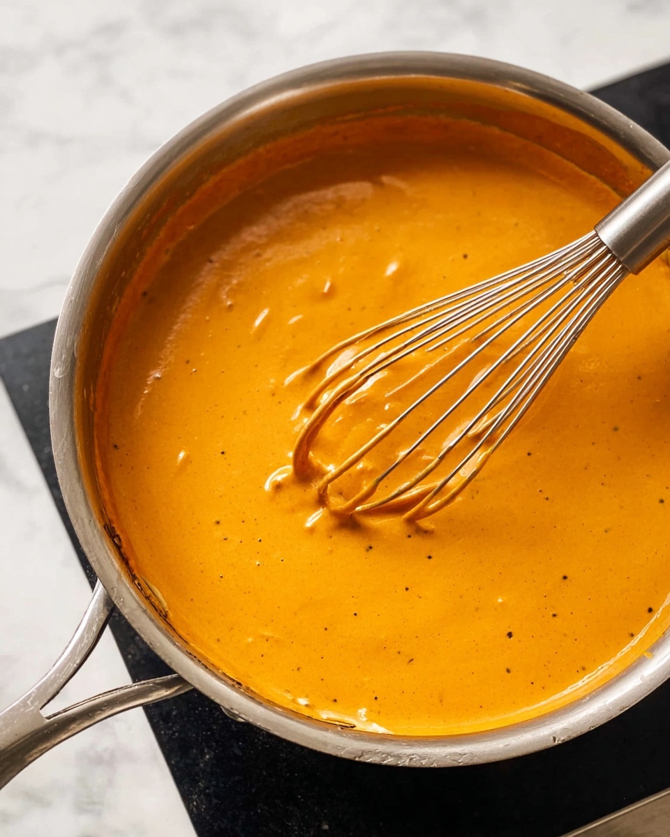 A shiny metal pan filled with a smooth, thick, creamy bright orange sauce with a few small black specks mixed in. A metal whisk coated in the sauce rests inside the pan, partially lifted, showing sauce on the whisk wires. The pan handle is metal and extends out from the left side. The pan sits on a black cooking surface, and the background is a white marbled texture. photo taken with an iphone --ar 4:5 --v 7