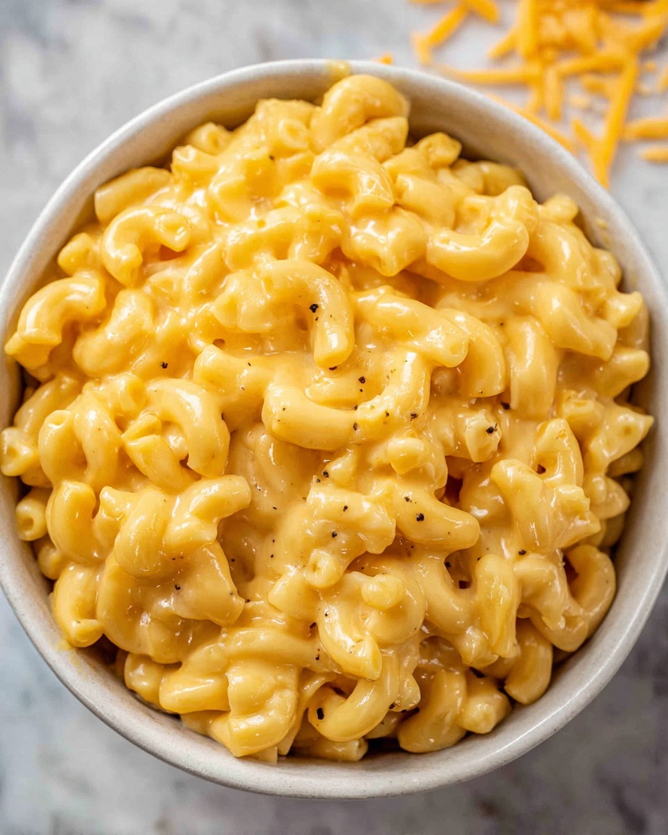 A close-up view of a silver pot filled with creamy yellow macaroni and cheese, showing elbow-shaped pasta coated in a smooth, rich cheese sauce with a slightly glossy texture. A wooden spoon covered in the same cheesy pasta is lifted above the pot, holding a generous scoop of macaroni, with some sauce drips on the edge of the pot. The pot sits on a white marbled surface, and a white cloth with blue stripes is softly blurred in the background. photo taken with an iphone --ar 4:5 --v 7