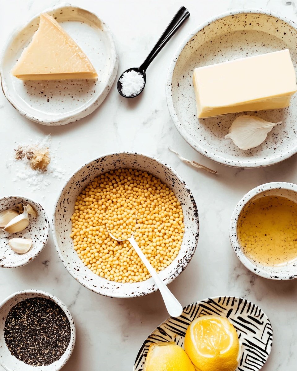 A flat-lay photo shows ingredients on a white marbled surface. In the center bottom is a white bowl with black speckles filled with small, round yellow pasta pearls and a white spoon inside. Above it to the right is a white bowl with black speckles holding a rectangular slab of pale yellow butter. Above that, a black spoon holds coarse salt. To the right edge of the image is a portion of a white speckled bowl with golden liquid inside. Bottom left shows a white bowl filled with coarse black and white spices, a small white bowl with two peeled garlic cloves, a white plate with a wedge of pale yellow cheese, and a black and white zigzag patterned small plate with bright yellow lemon halves. photo taken with an iphone --ar 4:5 --v 7