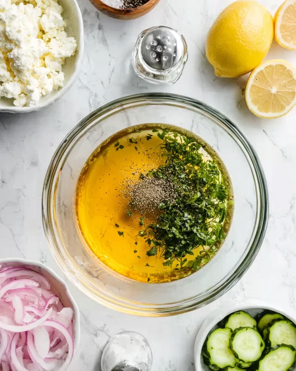 A clear glass bowl is placed on a white marbled surface, containing three distinct layers: a golden-yellow liquid at the bottom, finely chopped fresh green herbs on the left side, and a small pile of black pepper on the right side near the center. Around the bowl, on the white marbled surface, there are different ingredients visible—a small white bowl filled with crumbly white cheese at the bottom left, pink sliced onions in a white bowl below the glass bowl, sliced green cucumber on the top right, half a sliced lemon on the top left, and a white salt shaker and black pepper grinder beside the lemon. A woman's hand is not in the image. Photo taken with an iphone --ar 4:5 --v 7