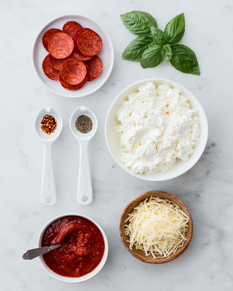 The image shows several ingredients arranged on a white marbled surface. There is a small white bowl filled with bright red, round pieces of pepperoni near the top left. Below it, a larger white bowl holds a creamy, white cottage cheese with a slightly chunky texture. To the right of the pepperoni, there are a few green basil leaves with a smooth, fresh look. Near the top center, two white measuring spoons lay side by side, one filled with black pepper and the other with red chili flakes. At the bottom left, a small white bowl contains a thick, red tomato sauce with visible herbs. To the right, a small wooden bowl full of shredded pale yellow cheese is placed with a small spoon inside. The background is clean and bright with a white marbled texture. photo taken with an iphone --ar 4:5 --v 7