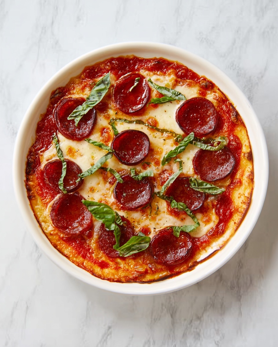 A small round pizza on a white plate with a thin golden-brown crust. The base layer is bright red tomato sauce spread evenly. On top is a melted layer of pale creamy cheese with some bubbly, slightly browned spots. There are several slices of pepperoni, dark red with a slight shine, spread evenly across the pizza. Bright green basil leaves are scattered on top, adding a fresh contrast. The pizza is placed on a white marbled surface. Photo taken with an iphone --ar 4:5 --v 7