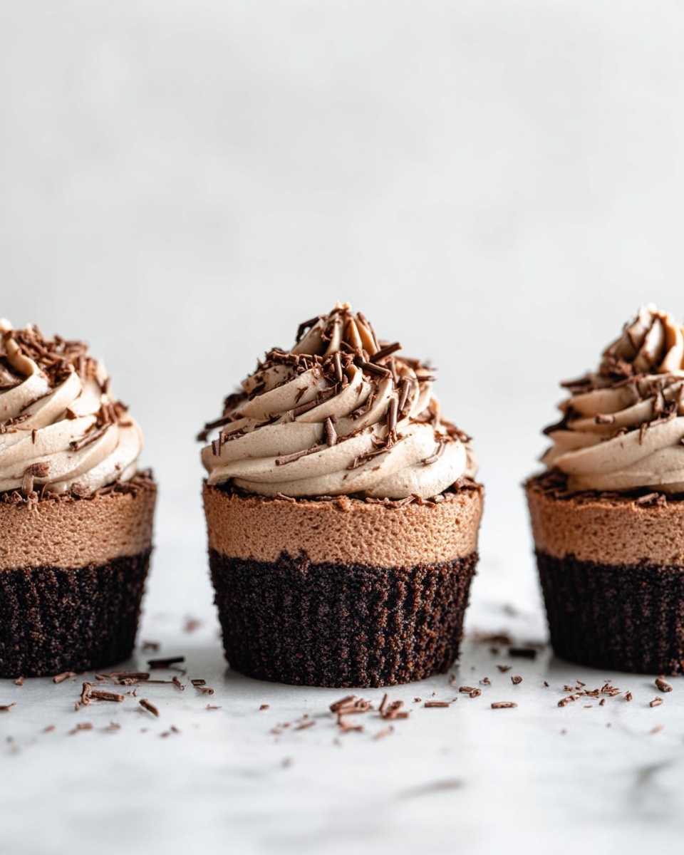 Three chocolate cupcakes are placed in a row on a white marbled surface. Each cupcake has three clear layers: at the bottom, a dark, crumbly chocolate base; in the middle, a smooth, milk chocolate cake layer; and at the top, a swirl of light brown chocolate whipped cream with fine chocolate shavings sprinkled on it. The cupcakes are evenly spaced with some chocolate crumbs scattered around them. The background is a clean white with soft light giving a clear, bright look. photo taken with an iphone --ar 4:5 --v 7
