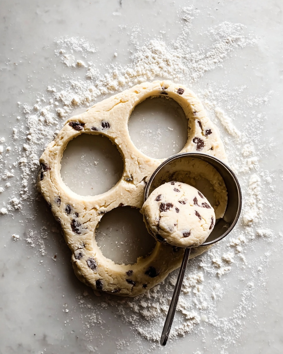 A flat piece of light-colored dough with dark chocolate chips is shown on a white marbled surface dusted with flour. Four round shapes are cut out from the dough, three holes are empty, and one circle of dough is partially lifted by a metal round cutter sitting on the dough. The dough looks soft and thick with visible chocolate chips spread throughout. The flour is scattered unevenly around the dough. Photo taken with an iphone --ar 4:5 --v 7