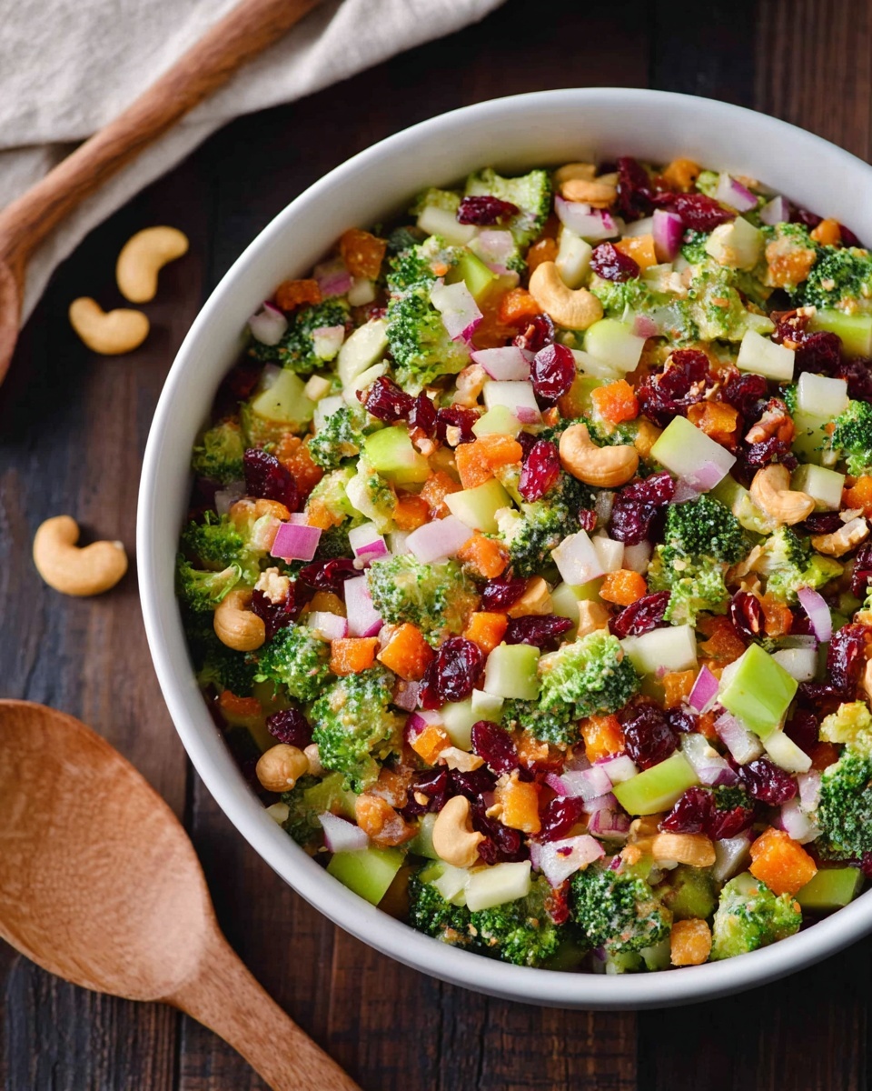 The dish is a colorful salad served in a white bowl filled with many small pieces of green broccoli, orange cashews, red dried cranberries, diced red and white onions, and small cubes of green and light yellow apple. The ingredients are mixed evenly, showing a variety of colors and textures with crunchy nuts, fresh vegetables, and juicy fruits spread all over. The bowl sits on a dark wooden surface with extra cashews scattered beside it. A wooden spoon and a woman's hand resting near the bowl are slightly visible in the background. The photo taken with an iphone --ar 4:5 --v 7
