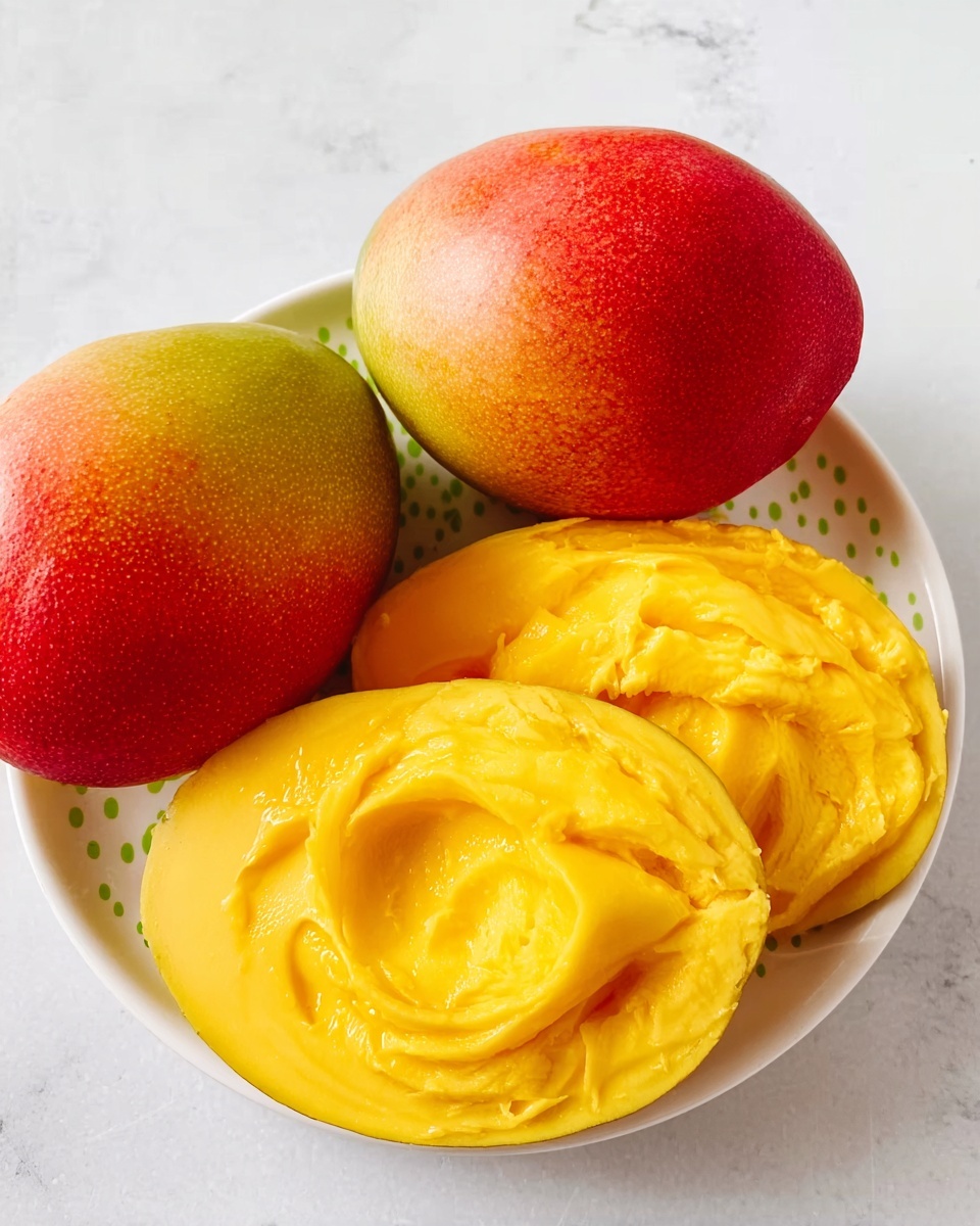 The image shows a white plate with green dots holding one whole mango colored with red and yellow hues, and two mango halves filled with bright yellow, smooth mango flesh that has a creamy texture with some swirls. The plate rests on a white marbled surface, and the mango halves are positioned so the flesh faces up, with one whole mango partly covered by the fruit halves. photo taken with an iphone --ar 4:5 --v 7