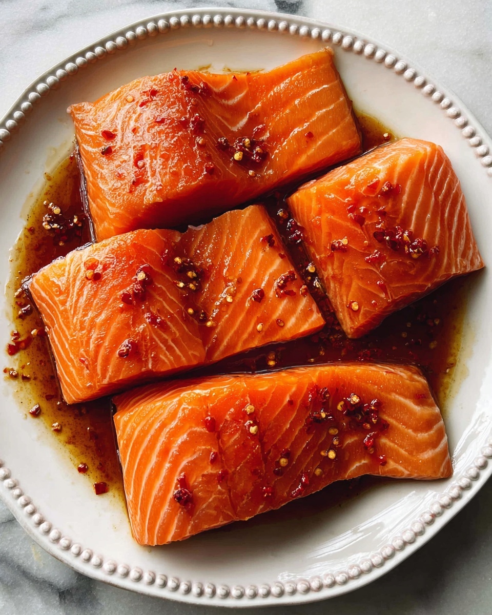 Four pieces of raw salmon fillets with a shiny orange color and smooth texture lie on a white plate with a beaded edge. The fish is covered in a dark brown sauce with small red chili flakes scattered on top. The plate sits on a white marbled surface. photo taken with an iphone --ar 4:5 --v 7