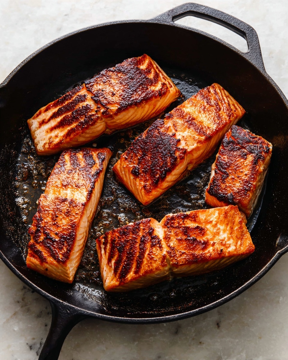 A black cast iron pan holds four pieces of cooked salmon. Each piece has a rich golden-brown color with darker seared lines and slight charring visible on the surface. The salmon pieces are thick and have a textured, crispy exterior, showing the natural layers of the fish in a light pink-orange shade beneath the seared top. The pan sits on a white marbled surface, highlighting the contrast between the pan's dark color and the salmon's warm hues. photo taken with an iphone --ar 4:5 --v 7