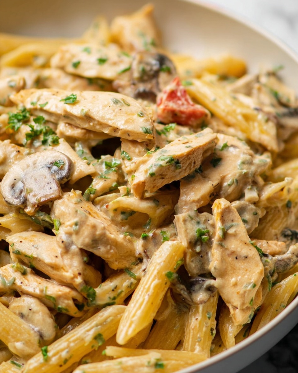 The image shows a close-up of a creamy pasta dish in a white bowl on a white marbled surface. The dish has three main layers: the base is light golden penne pasta, mixed with a beige creamy sauce that lightly coats everything. On top of this are soft, thin slices of pale beige chicken and light brown mushroom slices. Small bits of chopped green herbs are sprinkled throughout, adding green specks. There is also a small piece of red vegetable visible among the pasta and sauce. The creamy sauce looks smooth and slightly thick, covering all ingredients evenly without dominating the texture. Photo taken with an iphone --ar 4:5 --v 7