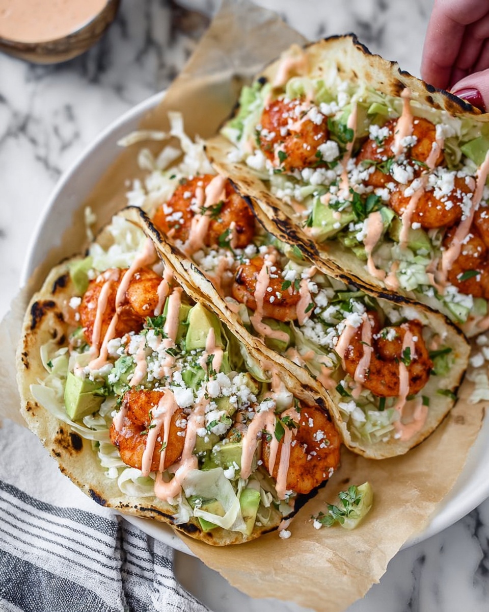 The image shows four tacos arranged on a white plate lined with parchment paper. Each taco has a slightly charred white corn tortilla folded around multiple layers: a base of light green shredded cabbage, topped with chunky pieces of bright green avocado, then several reddish-orange cooked shrimp, and finally drizzled with a creamy light pink sauce. White crumbly cheese is sprinkled on top, along with small green herb pieces. In the background, there is a white marbled surface and a woman's hand holding a taco, adding a sense of interaction. photo taken with an iphone --ar 4:5 --v 7