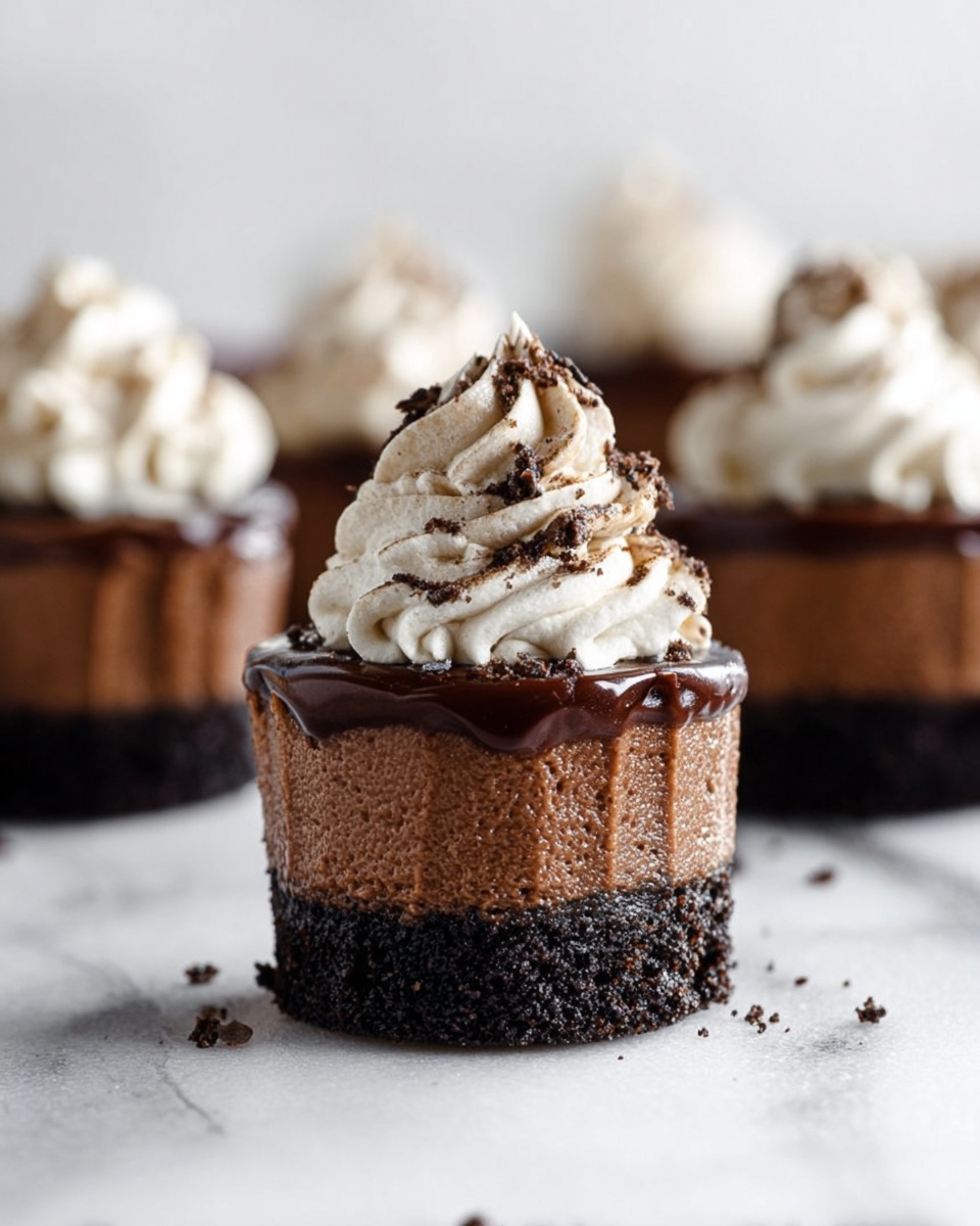 The image shows a small, layered dessert standing on a white marbled surface. It has three clear layers: the bottom layer is dark and crumbly, resembling crushed cookies; the middle layer is a dense, smooth chocolate filling with a rich brown color; the top layer is a thick, shiny chocolate glaze. On top of the dessert sits a large dollop of light brown whipped cream with soft, airy texture and fine swirls. In the blurred background, there are other similar desserts topped with whipped cream, all on the same white marbled surface. photo taken with an iphone --ar 4:5 --v 7