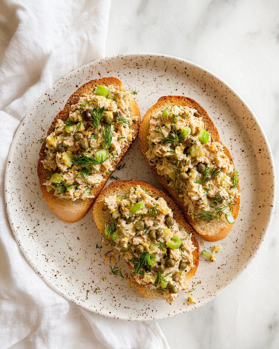 The image shows three pieces of toasted bread arranged on a white speckled plate with a crumbly, golden-brown crust and a soft inside. Each toast is topped thickly with a creamy mixture that has small chunks of light brown and green ingredients, likely herbs and capers, giving it a textured look. The mixture has green bits of dill and small diced green onions spread throughout, adding color and freshness. The plate sits on a white marbled surface next to a soft white cloth, creating a clean, light background. photo taken with an iphone --ar 4:5 --v 7