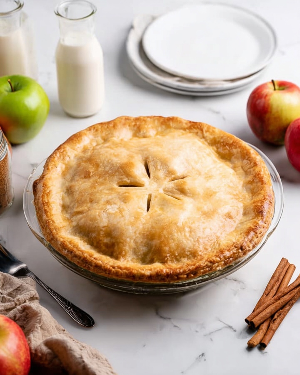 The image shows a whole apple pie placed in a clear glass pie dish on a white marbled surface. The pie has a golden-brown top crust with a slightly shiny texture and small slits in the center for steam to escape. Around the pie, there are whole apples of red and green colors, two glass bottles filled with milk, a small jar holding cinnamon sticks, and a stack of white plates with silver forks on top. A woman's hand is not visible but implied by the neatly arranged utensils nearby. The scene is bright and clean, with soft lighting highlighting the pie's crust texture and the freshness of the surrounding apples. photo taken with an iphone --ar 4:5 --v 7