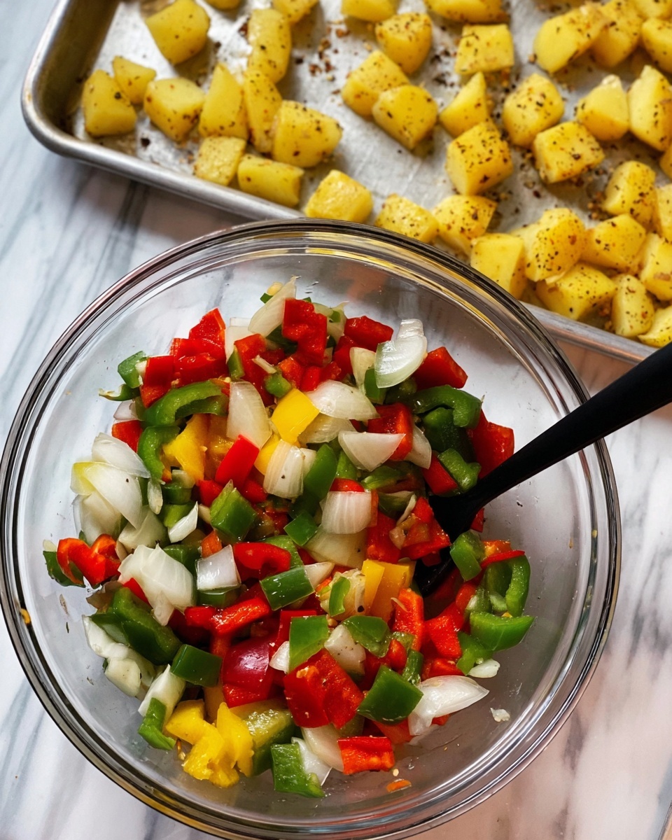 A clear glass bowl filled with chopped red, green, and yellow bell peppers along with white onion pieces, all mixed together with a black spoon inside the bowl. Behind the bowl is a metal baking tray with small, yellow potato chunks seasoned with black pepper scattered across it. The scene is set on a white marbled surface. photo taken with an iphone --ar 4:5 --v 7