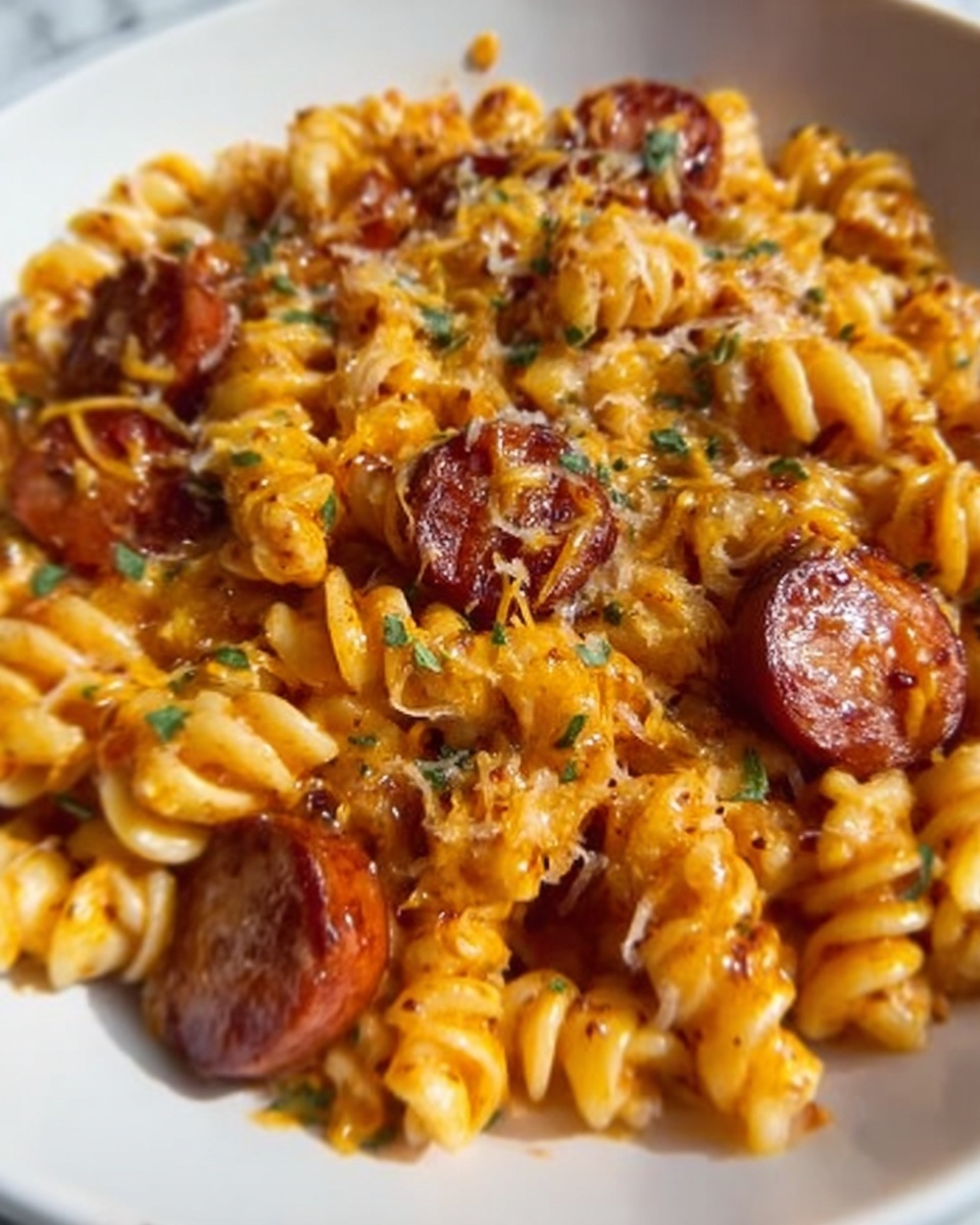 A white plate filled with three layers of curly rotini pasta coated in a rich, orange-red sauce, scattered with small pieces of browned sausage mixed evenly throughout. The top layer is lightly sprinkled with finely grated white cheese and fresh green parsley leaves, adding a touch of color contrast. The plate sits on a white marbled surface with a softly blurred background. photo taken with an iphone --ar 4:5 --v 7