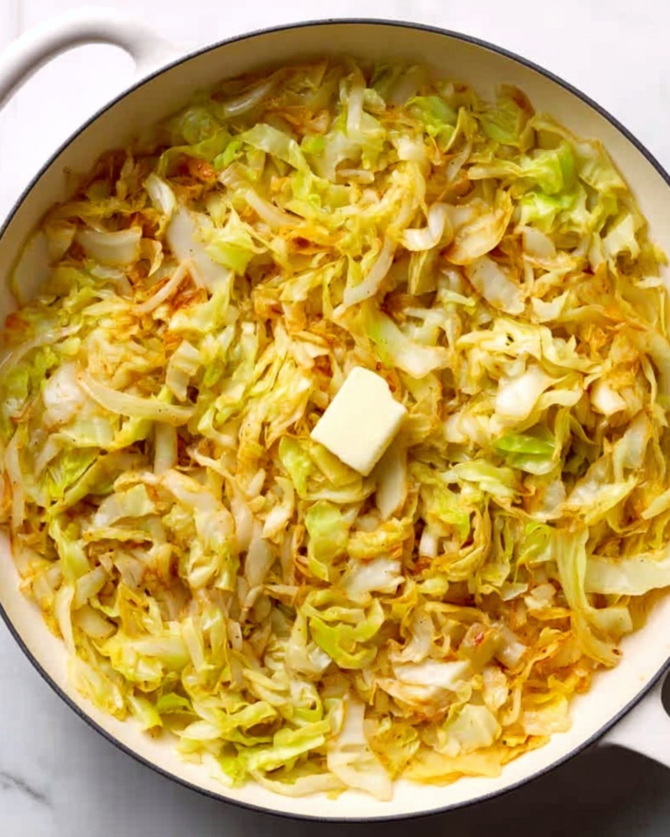 A white round pan filled with cooked shredded cabbage mixed with thinly sliced onions, all softened and slightly browned, showing a mix of yellow, light green, and golden brown colors. A small piece of butter sits melting in the center on top of the cabbage, adding a creamy texture. The pan is placed on a white marbled surface. Photo taken with an iphone --ar 4:5 --v 7