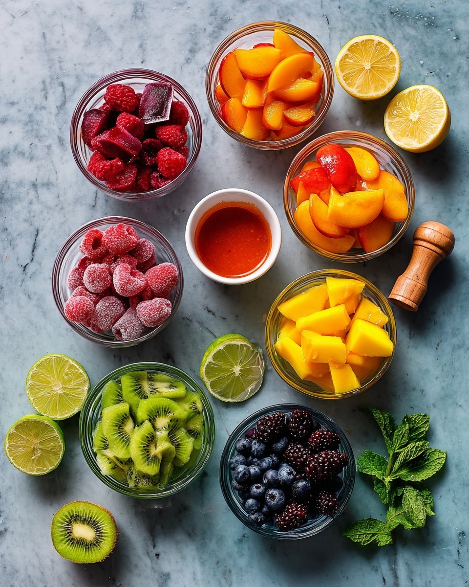 The image shows eight small clear glass bowls arranged in three rows on a white marbled surface. The top left bowl contains bright red frozen raspberries with a dark purple ice cube on top. To the right is a small white bowl filled with orange-red sauce. Below the raspberries, there is a bowl with frosted red strawberries. In the middle row to the right, a bowl is filled with yellow-orange peach slices, and next to it is a bowl with bright yellow mango pieces. The bottom left bowl contains green kiwi slices and yellow pineapple chunks. Below that, a bowl holds fresh green mint leaves. The bottom right bowl is full of small dark blue or black berries. Scattered around the bowls are halved and whole limes, a halved lemon, and a wooden lemon squeezer with half a lemon on it. Photo taken with an iphone --ar 4:5 --v 7