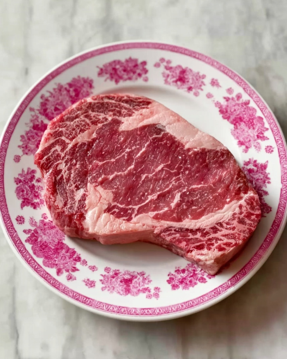 A single large raw steak sits flat on a white plate with a pink floral pattern around the edge; the steak has a mix of pink and red colors with visible light fat marbling focused mostly along the edges and across the top layer of the meat. The plate is placed on a white marbled surface. photo taken with an iphone --ar 4:5 --v 7