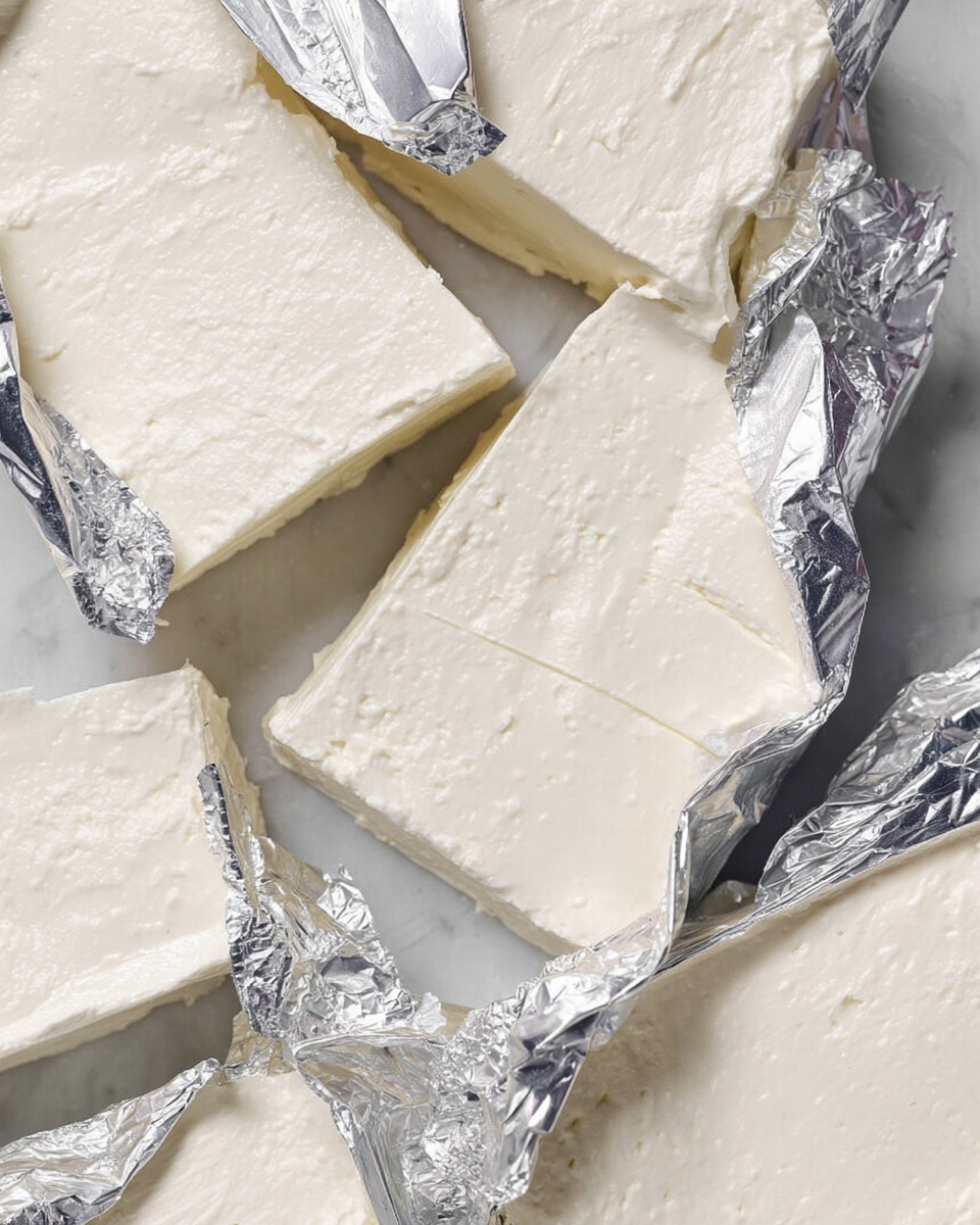 The image shows several blocks of creamy white cheese, each partially wrapped in shiny silver foil that is crinkled and torn open to reveal the smooth texture beneath. The cheese blocks have light, slightly uneven surfaces with faint edges marking portions. The background is a clean white marbled texture, enhancing the bright, fresh look of the cheese. photo taken with an iphone --ar 4:5 --v 7