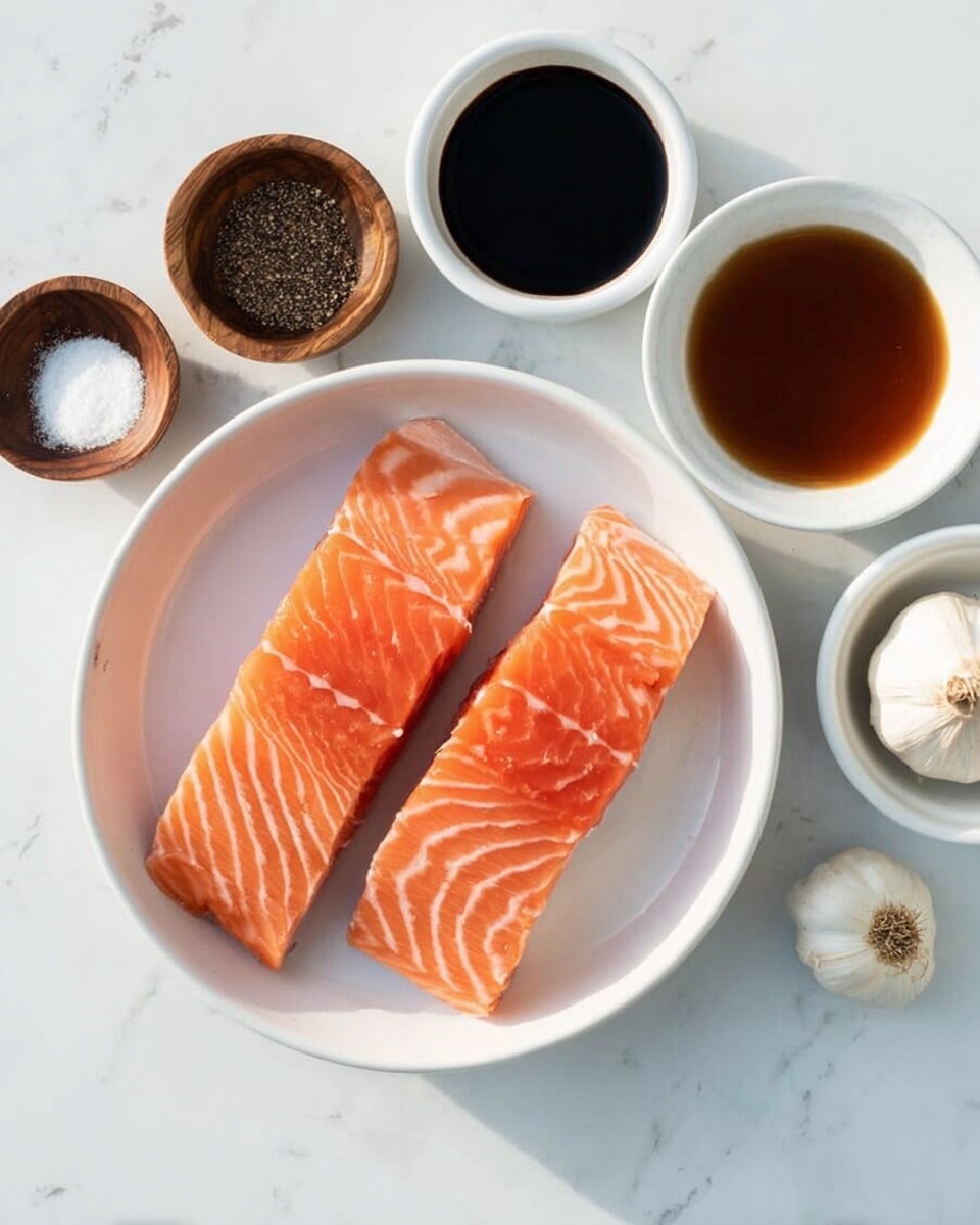 Two pieces of fresh orange salmon with white lines lie side by side in a large white bowl, placed on a white marbled surface. To the left of the bowl, small white bowls and a small wooden bowl hold different ingredients: one wooden bowl with coarse salt and black pepper, one white bowl with dark soy sauce, one white bowl with a whole garlic bulb topped with black pepper, and one white bowl with a brown liquid. The light makes the fresh colors and textures clear and bright. photo taken with an iphone --ar 4:5 --v 7
