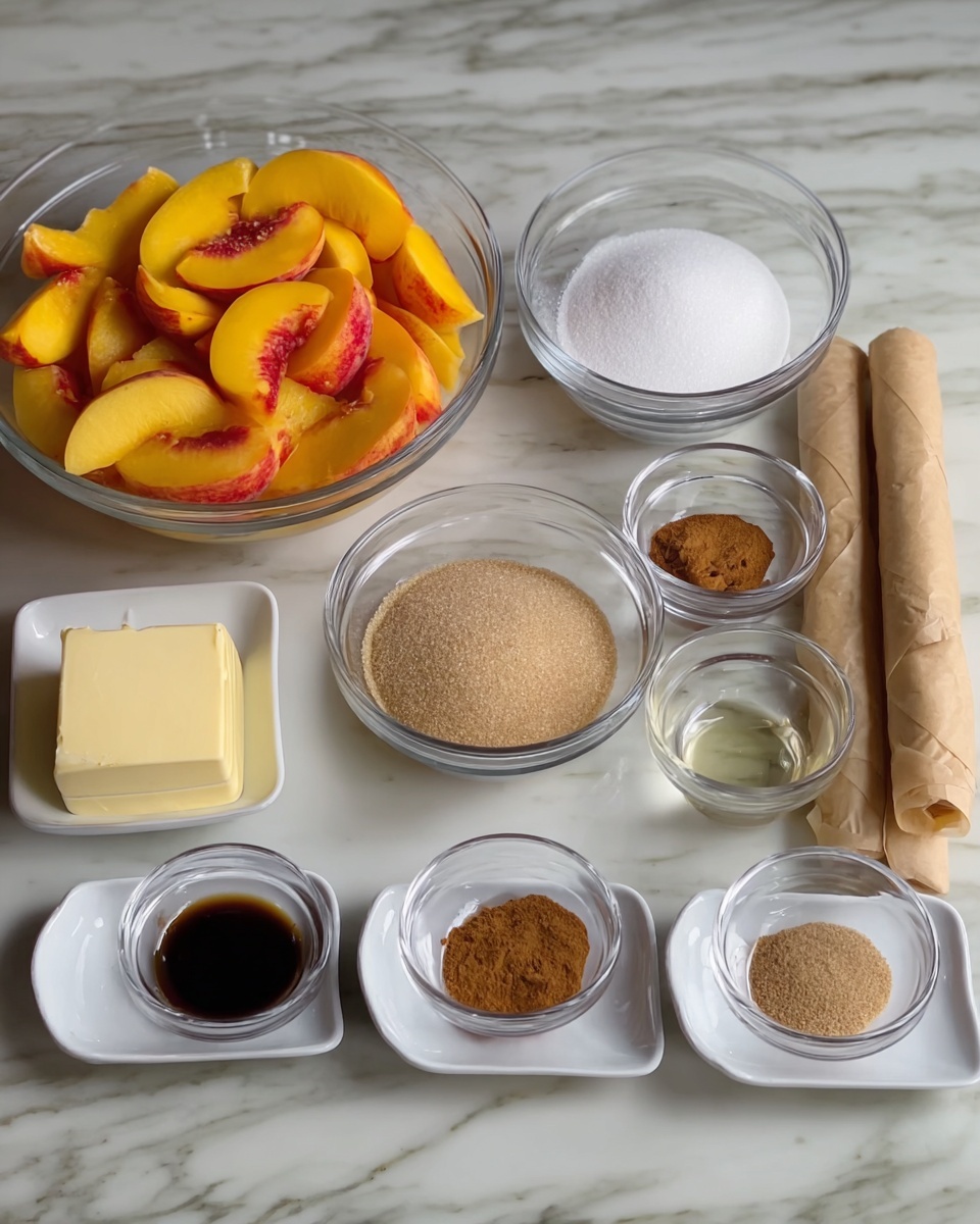 A countertop with several clear glass bowls and white small plates arranged in a neat line, each holding different ingredients. On the left, a large clear glass bowl filled with fresh sliced yellow peaches showing red spots near the center. Next, a medium-sized clear glass bowl with white granulated sugar, followed by a similar bowl with light brown sugar, and another holding a slab of pale yellow butter. Below these, two smaller clear glass bowls contain a clear liquid and dark brown vanilla extract. On the right, two small white plates hold ground cinnamon and a light brown spice. Two parchment paper-wrapped rolled dough sticks lie in front of the ingredients. The surface is a white marbled texture. photo taken with an iphone --ar 4:5 --v 7