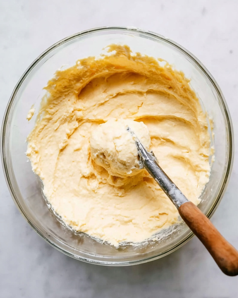 A clear glass bowl with a thick, creamy batter inside that is light yellow with smooth, slightly lumpy texture. An ice cream scoop with a wooden handle is partly dipped in the batter, holding a rounded scoop in the center of the bowl. The bowl is placed on a white marbled surface that adds a clean and simple background to the scene. photo taken with an iphone --ar 4:5 --v 7
