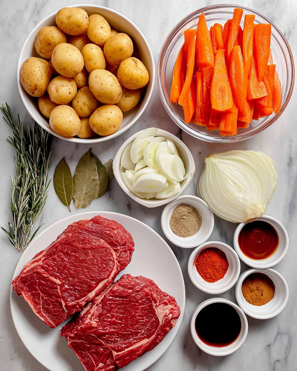 A top-down view of various raw ingredients arranged neatly on a white marbled surface, including two thick pieces of red beef steak on a white plate at the bottom left. Above the steak, there is a white bowl filled with small round yellow potatoes. To the right of the potatoes, a glass bowl holds bright orange carrot sticks standing upright in layers. Next to the carrots is a white bowl with sliced white onions. Small white bowls of seasoning, including red paste, different powders, and dark liquid sauce, are scattered around, as well as two green bay leaves and a sprig of rosemary near the top left. The photo taken with an iphone --ar 4:5 --v 7