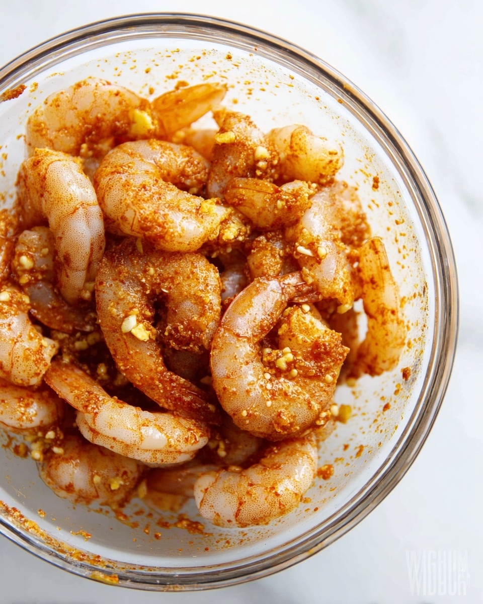 The image shows a clear glass bowl filled with raw shrimp coated evenly in a reddish-orange spice mix. The shrimp are placed close together, soft and curved, with the spices sticking to their smooth surface. Tiny bits of garlic or seasoning can be seen among the shrimp. The bowl is set on a white marbled surface. photo taken with an iphone --ar 4:5 --v 7