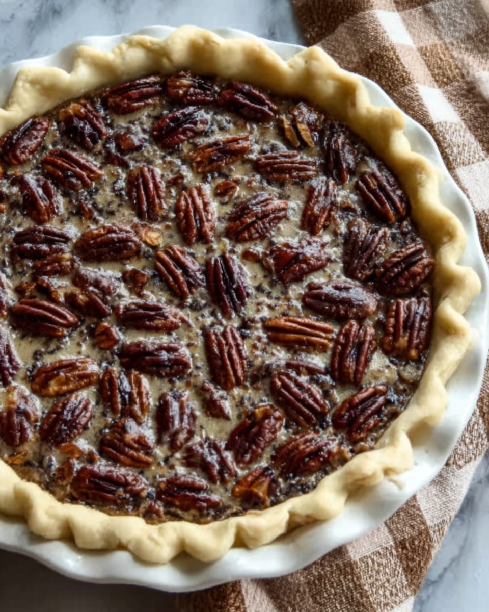A white pie crust filled with a layer of shiny, dark brown filling topped with many whole toasted pecans, arranged evenly over the surface. The pie sits on a white marbled surface with a beige and brown checkered cloth partially underneath. The crust edges are fluted and golden. Photo taken with an iphone --ar 4:5 --v 7