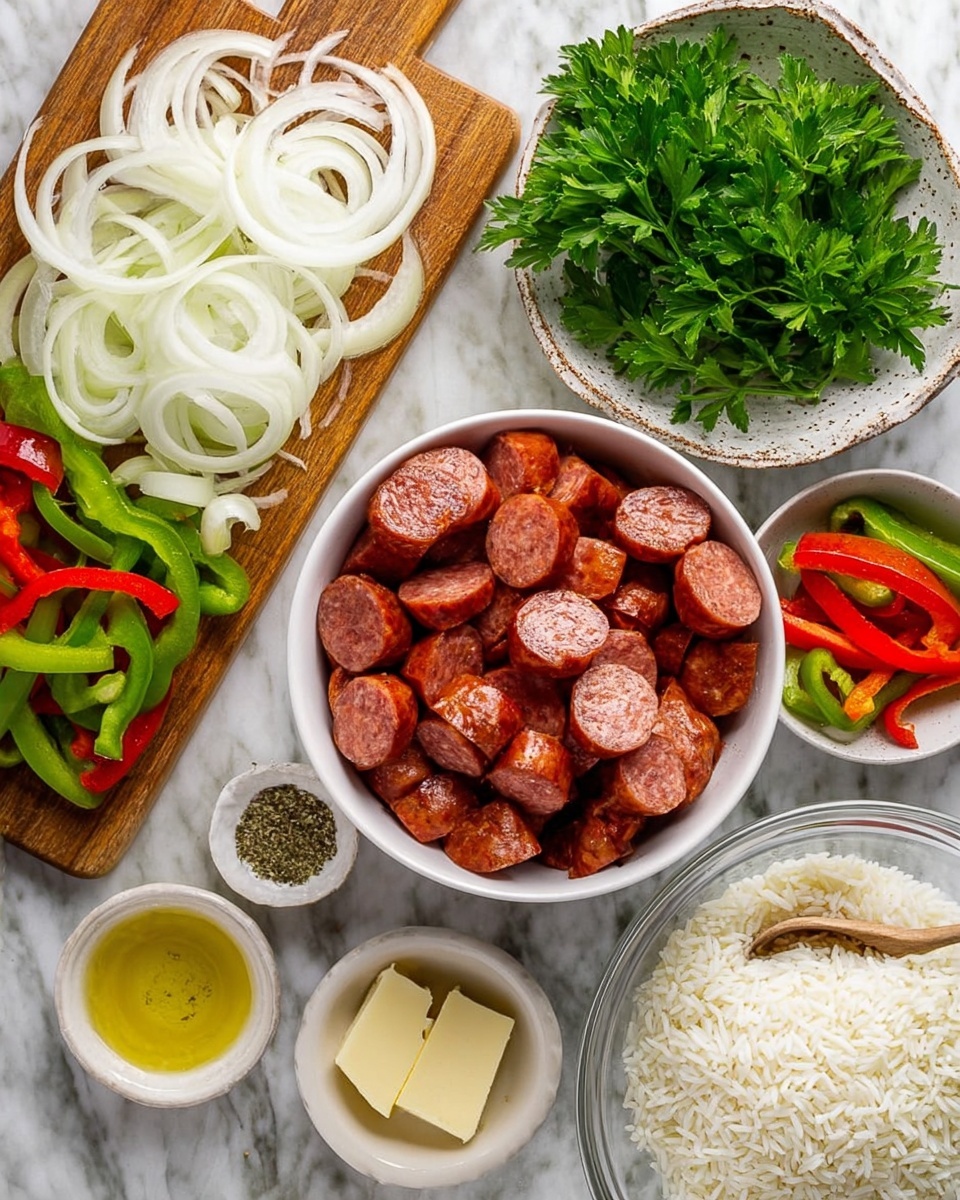 The image shows a white bowl filled with sliced reddish-brown sausage pieces in the center. On the left, a white marbled surface holds a wooden cutting board with several layers of thin white onion slices, arranged loosely. Below the bowl to the right is a white bowl with a rough edge filled with green and red bell pepper strips, layered with the green peppers on top and red peppers beneath. Above the sausage bowl, there is a cluster of fresh green parsley. Surrounding the bowl are small white bowls with different spices and ingredients: minced garlic in one, coarse salt with pepper in another, a yellow butter piece, olive oil, and dried herbs. On the right side, a transparent glass dish holds white rice with a spoon inside. The background is a white marbled texture photo taken with an iphone --ar 4:5 --v 7