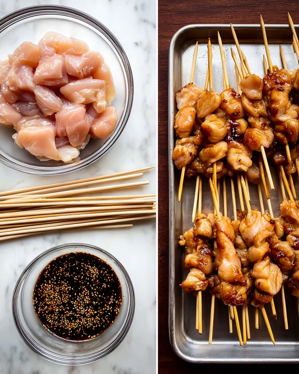 The image shows two parts: on the left, a clear glass bowl with light pink raw chicken pieces, a smaller clear glass bowl with dark soy sauce mixed with sesame seeds, and a group of light wooden skewers lying next to the bowls on a white marbled surface; on the right, a metal tray filled with wooden skewers each holding several marinated chicken pieces that are brown and shiny from the sauce, arranged close together but not overlapping; the colors are mainly natural chicken pink turning to brown with the sauce, all placed on a white marbled background; the photo taken with an iphone --ar 4:5 --v 7