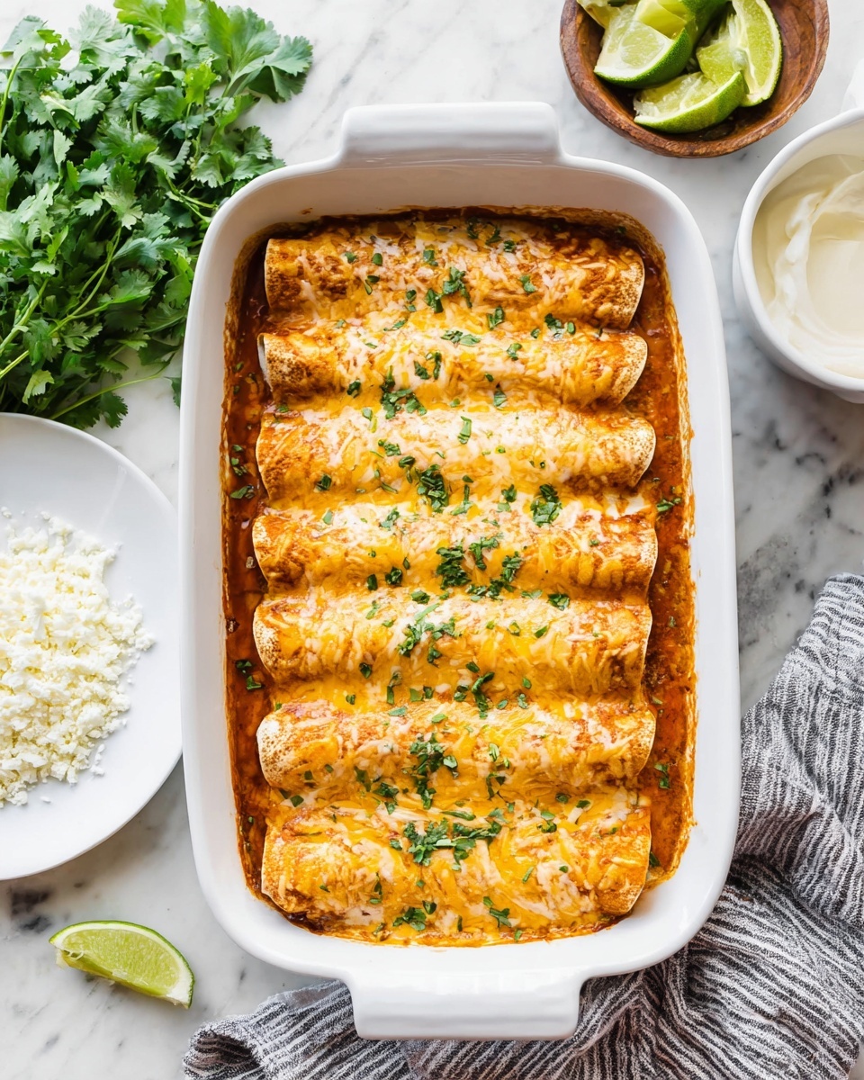 A white baking dish filled with seven rolled enchiladas lined up side by side, each covered with a layer of melted cheese that is golden yellow and lightly browned, sprinkled with chopped green herbs on top. The enchiladas rest on a reddish-orange sauce that covers the bottom of the dish. Surrounding the baking dish on a white marbled surface are a bunch of fresh green cilantro leaves on the left, a white plate with white crumbly cheese, three lime wedges below the dish, a wooden bowl with creamy white sauce top right, and a white bowl bottom right next to a gray and white striped cloth. Photo taken with an iphone --ar 4:5 --v 7