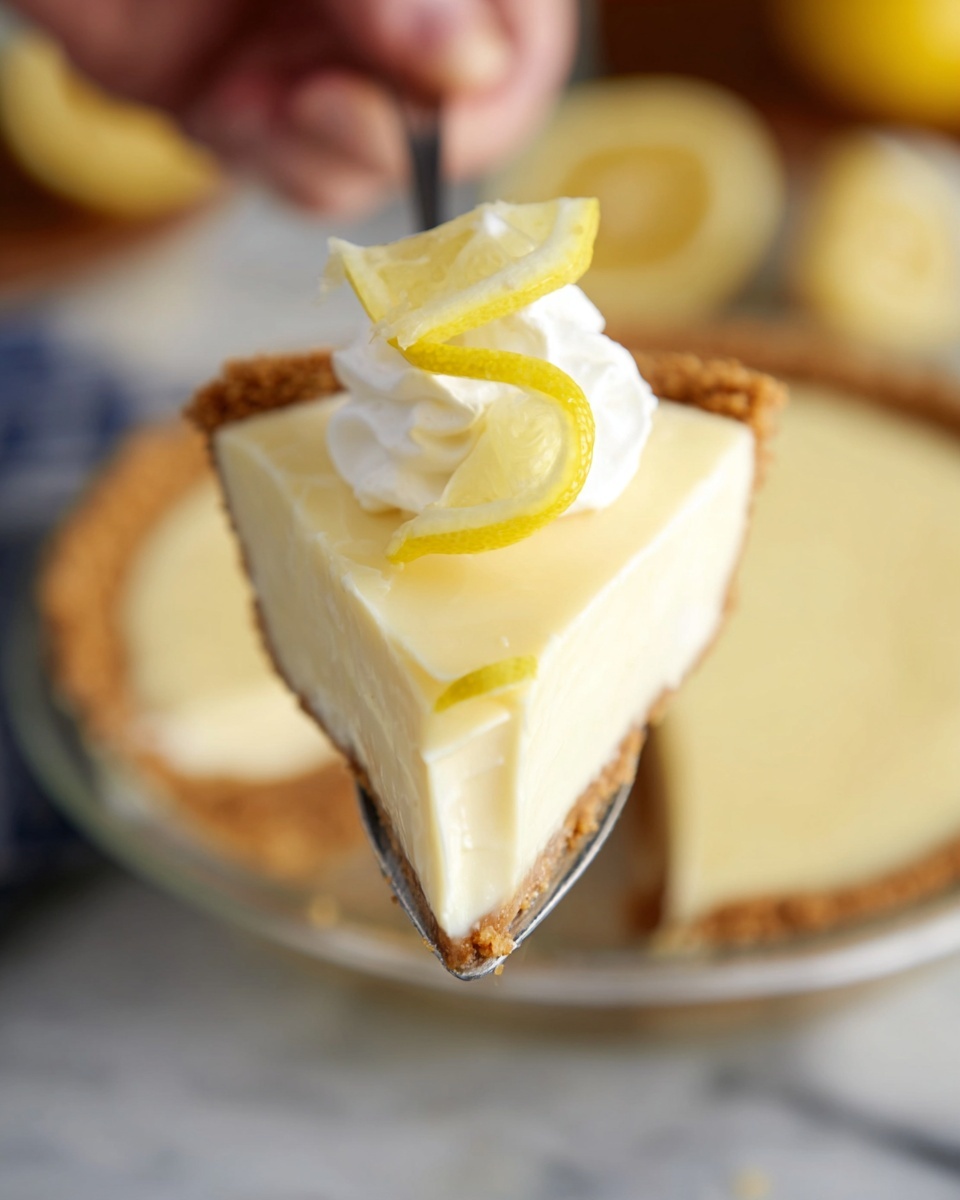 A lemon pie in a clear glass pie dish with a crumbly brown crust on the outside layer, smooth light yellow lemon filling in the middle, and dollops of white whipped cream topping about half of the pie, each whipped cream dollop decorated with bright yellow thin lemon slices. The pie is placed on a rustic dark wood surface with whole and cut lemons around it and a yellow cloth with white stripes above. A metal pie server lies nearby. photo taken with an iphone --ar 4:5 --v 7