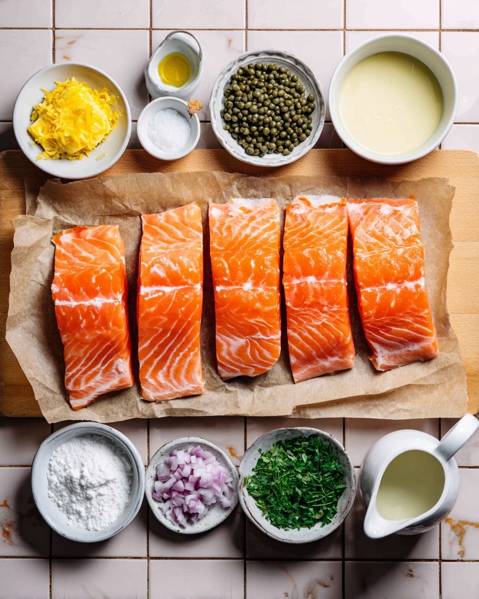 Four raw salmon fillets with bright orange and white stripes are arranged side by side on top of brown parchment paper placed on a light wooden board. Around the board, there are several small white ceramic bowls containing different ingredients: a bowl with bright yellow lemon zest, a small bowl of green capers, one with fresh chopped green herbs, another filled with white flour, a bowl holding melted yellow butter, one with white granulated salt, a small bowl of light yellow powder, a bowl of finely chopped light purple shallots, and a white jug filled with olive oil. There is also a white measuring cup filled with a creamy white liquid. The whole scene is set on a table with white marbled texture tiles. photo taken with an iphone --ar 4:5 --v 7