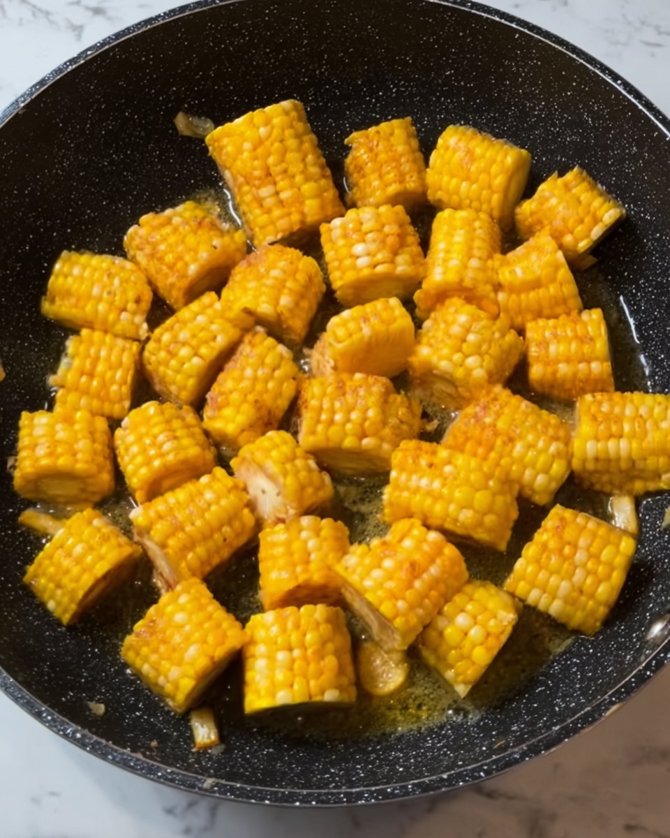 The image shows a close-up of a black speckled pan filled with many pieces of cooked corn on the cob. The corn pieces are cut into small, even segments with a bright yellow color and some golden brown spots, suggesting they have been cooked well. The pan has some shiny oil or butter at the bottom, giving a glistening effect on the corn. The pan sits on a white marbled surface. photo taken with an iphone --ar 4:5 --v 7
