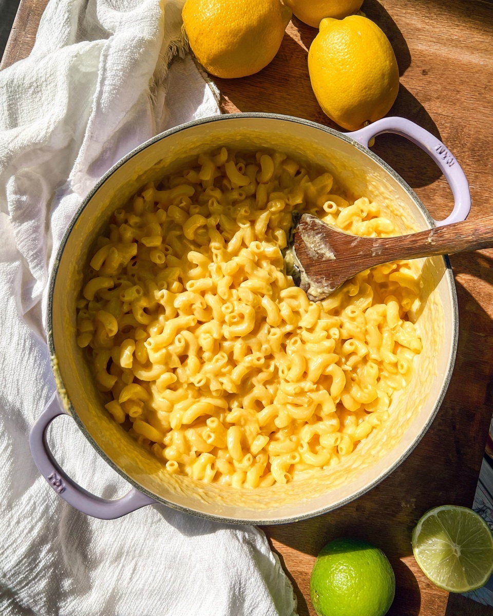 A large white pot with pale purple handles holds creamy yellow macaroni and cheese with elbow pasta fully covered in the cheese sauce. A wooden spoon stands in the middle of the pot, its handle leaning against the side. The pot sits on a wooden surface with a white cloth beside it, two bright yellow lemons at the top, and a green lime near the bottom right. The scene is bright with natural light casting soft shadows. photo taken with an iphone --ar 4:5 --v 7