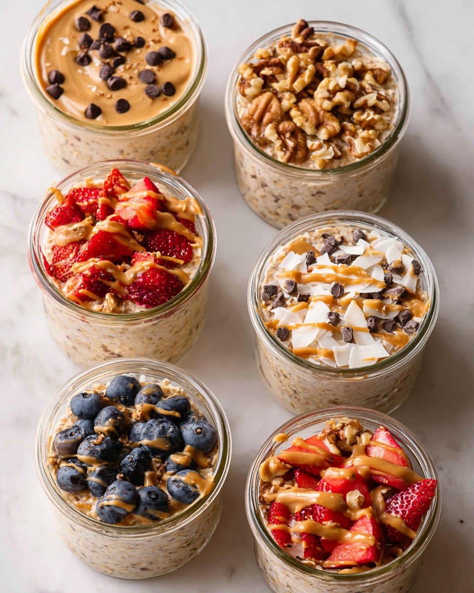 Six clear glass jars filled with layered overnight oats are placed on a white marbled surface. The top left jar has a creamy oat base with a drizzle of light brown peanut butter and small dark chocolate chips scattered on top. The top right jar has a creamy oat base with a generous amount of chopped walnuts sprinkled over it. The middle left jar shows creamy oats topped with bright red chopped strawberries. The middle right jar features creamy oats topped with sliced almonds, small dark chocolate chips, and shredded coconut flakes. The bottom left jar contains creamy oats topped with plump blueberries. The bottom right jar holds creamy oats topped with chopped strawberries and a drizzle of light brown peanut butter. photo taken with an iphone --ar 4:5 --v 7