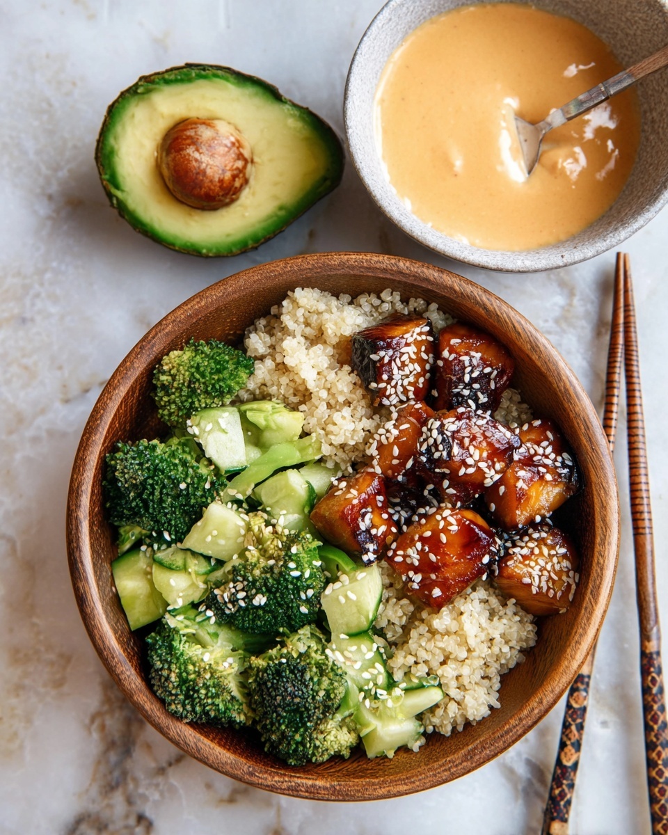 A wooden bowl filled with four layers: at the bottom right, a layer of light beige cooked grains, top right, glazed dark brown pieces of fish sprinkled with white sesame seeds, left side, bright green broccoli florets and pale green cucumber slices mixed with broccoli, bottom left, light green avocado slices also sprinkled with white sesame seeds. Above the bowl, there is a white bowl with a gray rim filled with thick pale orange sauce and a spoon inside it. A halved avocado with a brown pit is placed on the white marbled surface to the left, and patterned chopsticks lie on the right side. photo taken with an iphone --ar 4:5 --v 7