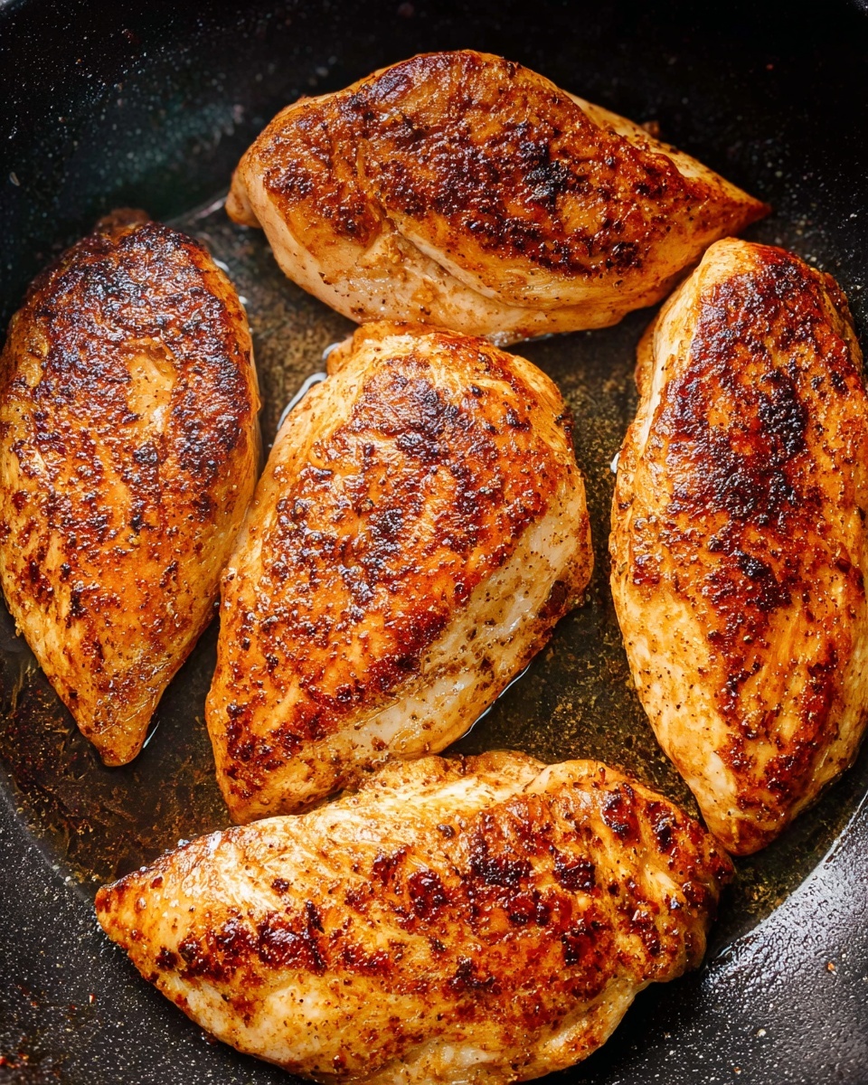 The image shows four cooked chicken breasts in a black frying pan. Each chicken piece has a golden brown color with darker brown and slightly charred spots spread unevenly across the surface, showing a crispy texture. The chicken pieces are arranged closely together with two on top and two below. The pan has a shiny, oily layer around the chicken, reflecting light slightly. The background is not visible, but the focus is on the browned chicken in the pan. photo taken with an iphone --ar 4:5 --v 7
