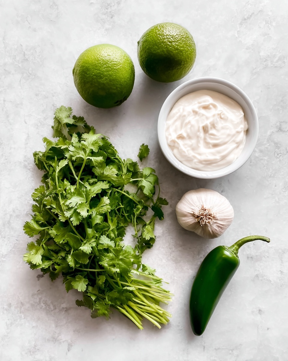 The image shows fresh ingredients on a white marbled surface, including two whole green limes at the top left, a small white bowl filled with smooth white cream at the top center, a whole garlic bulb to the right of the bowl, a fresh green jalapeño pepper positioned below the garlic, and a bunch of bright green cilantro with leafy stems spread out at the bottom left. The arrangement is simple and clean with fresh natural colors photo taken with an iphone --ar 4:5 --v 7
