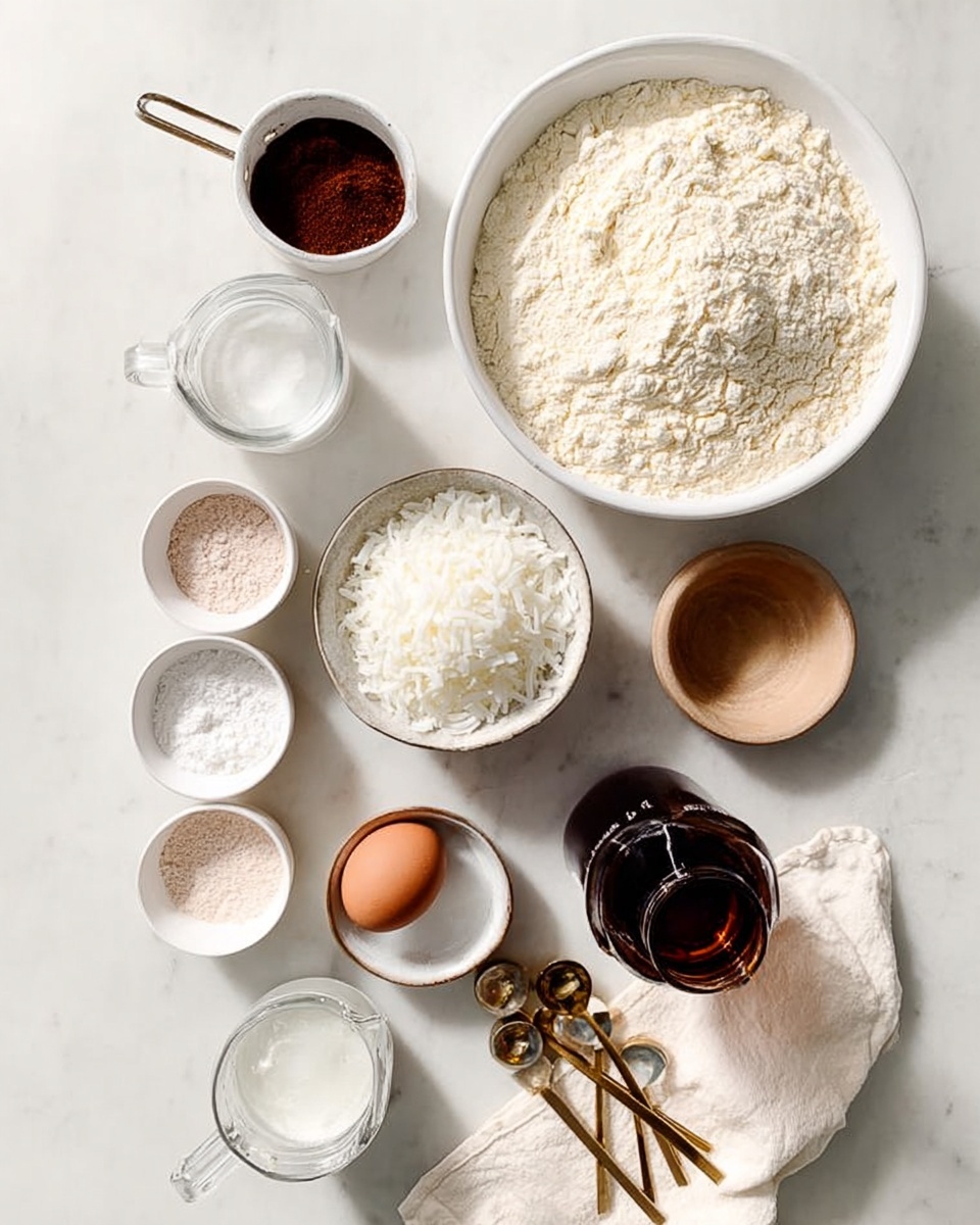 The image shows an overhead view of ingredients for a recipe neatly arranged on a white marbled surface. There are three layers of bowls and containers: the first layer at the top right is a large white bowl filled with light beige flour, the second layer below it includes a small white bowl with white shredded coconut, a medium white bowl with a dark brown powder, and two measuring jugs with white and clear liquid respectively. To the left, three small white bowls are stacked vertically, each containing different powders – a white powder at the top, a light pink powder in the middle, and a white powder at the bottom. At the bottom right corner, a single brown egg sits on a folded cream-colored cloth. Next to the egg are three gold measuring spoons stacked together and two dark brown bottles, one near the spoons and one near the flour bowl. The light in the photo is soft and natural, highlighting the texture of each ingredient. Photo taken with an iphone --ar 4:5 --v 7
