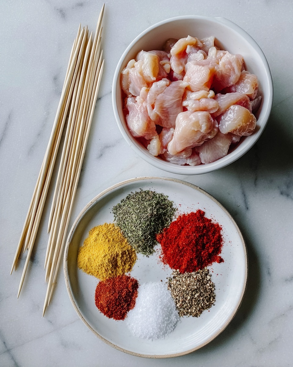 A white bowl filled with light pink raw chicken pieces, placed at the top center of the image on a white marbled surface. Below it, a white plate holds five different spices arranged in small neat piles: dark green dried herbs at the top left, bright red chili powder at the top right, yellow garlic powder at the middle left, brown crushed red pepper flakes at the bottom left, white salt at the bottom center, and black pepper at the bottom right. To the left of these dishes, there are five thin wooden skewers lying flat on the white marbled surface. Photo taken with an iphone --ar 4:5 --v 7